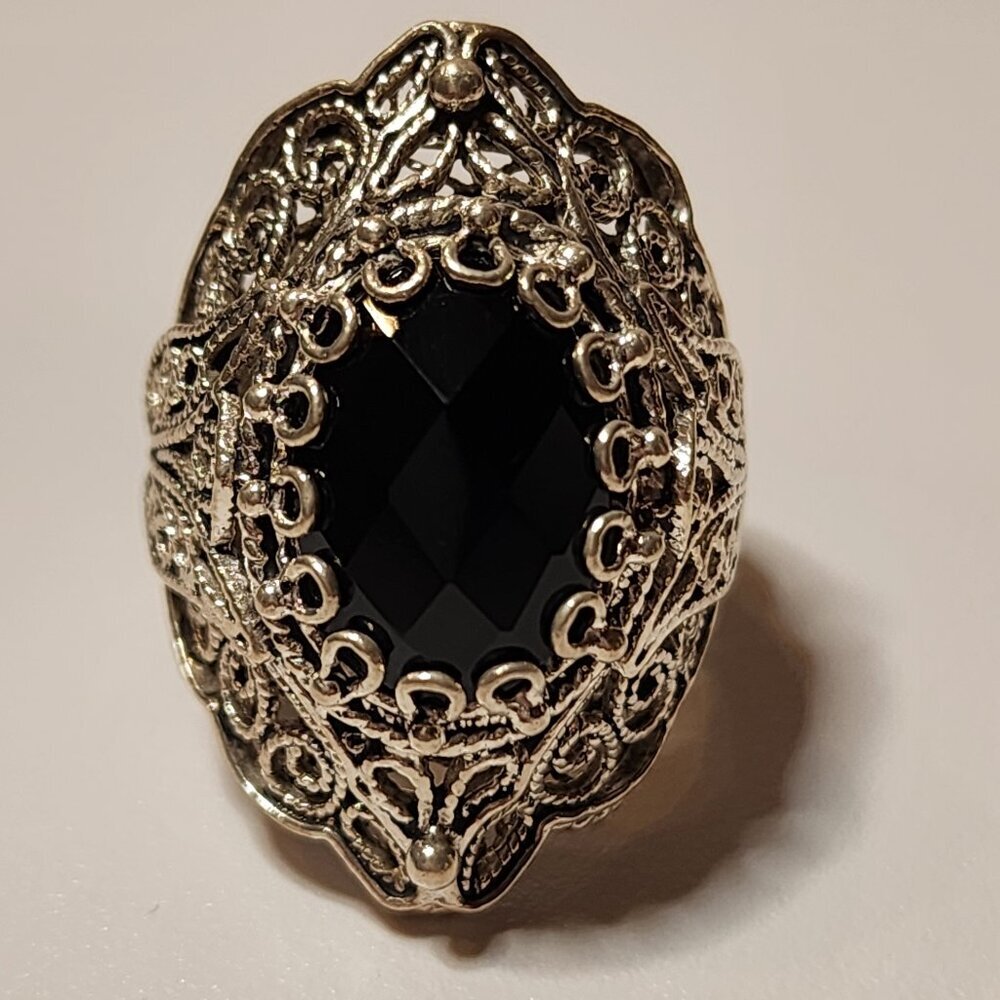 Vintage 925 Silver Black Onyx Filigree Ring